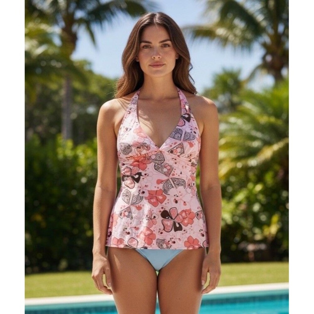 Freya Floral Halter Tankini Top UK 34D US 34D Pink Butterfly Print